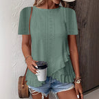 Women’s casual solid color short sleeve crew neck top by Plush Fashion Hub, featuring a comfortable fit and simple style.