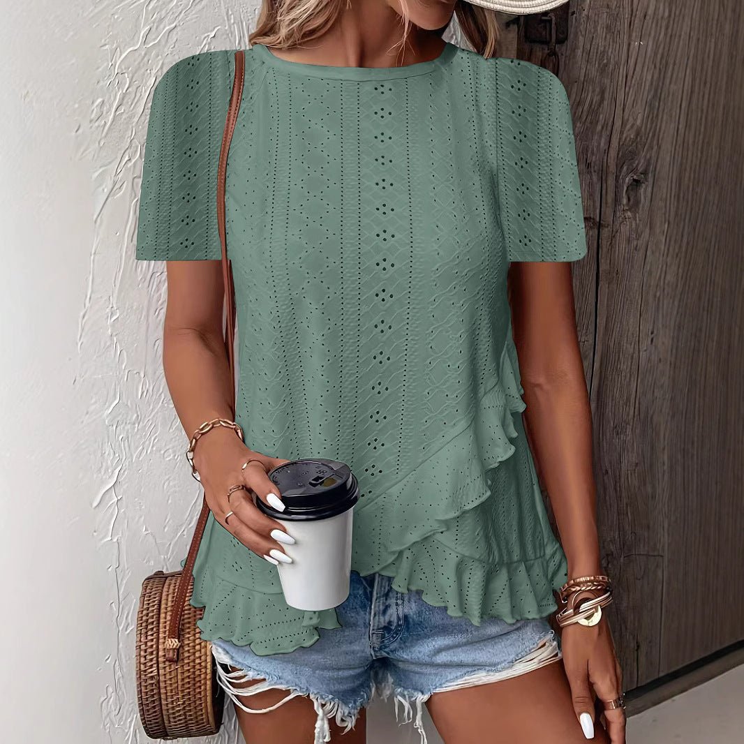 Women’s casual solid color short sleeve crew neck top by Plush Fashion Hub, featuring a comfortable fit and simple style.