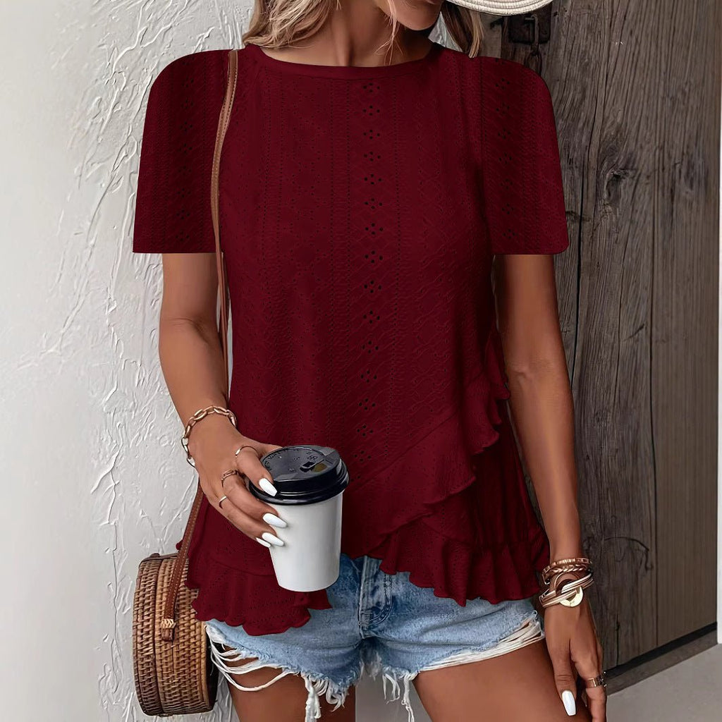 Women’s casual solid color short sleeve crew neck top by Plush Fashion Hub, featuring a comfortable fit and classic design.