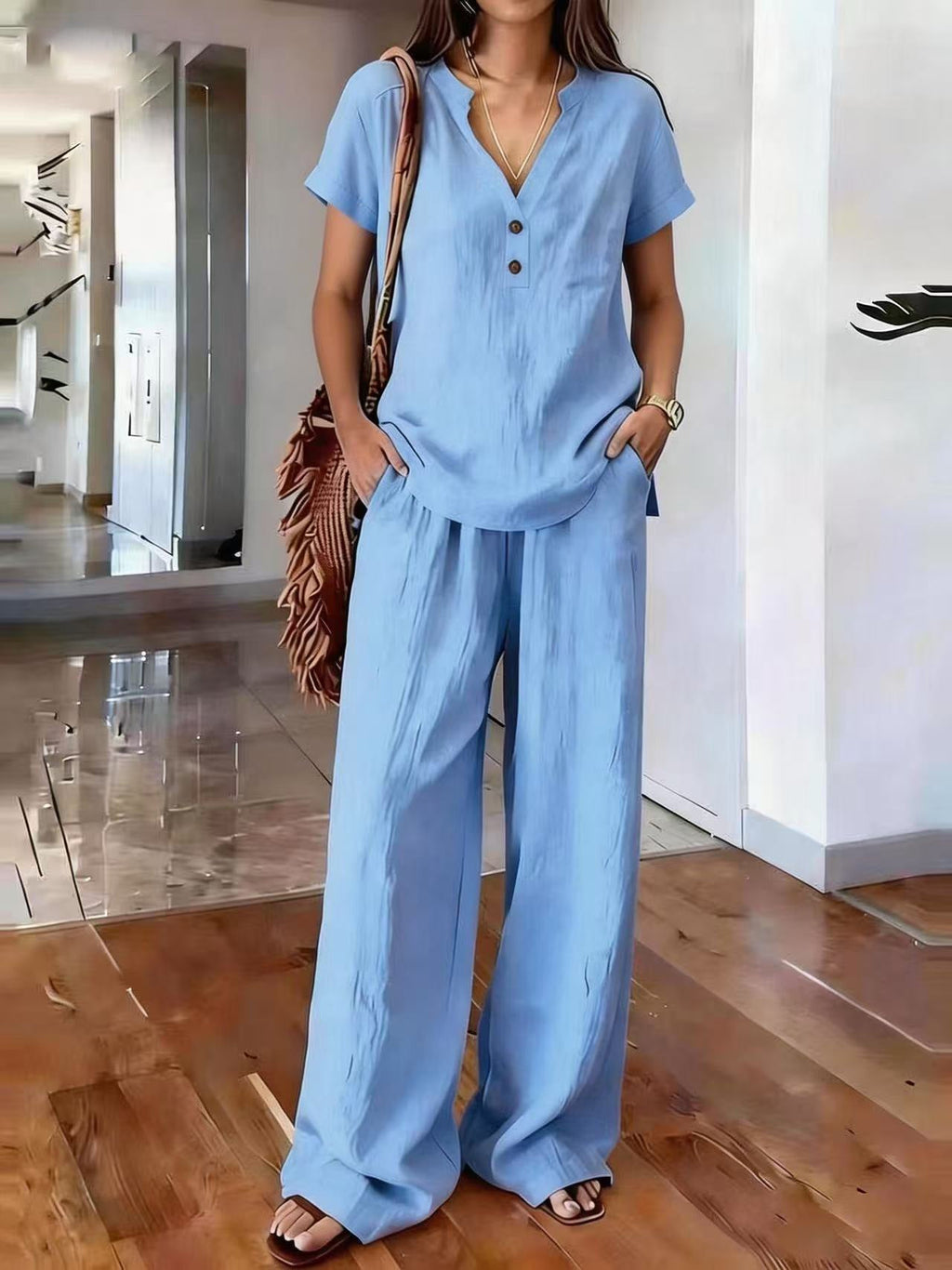 Women’s casual solid color two-piece set by Plush Fashion Hub, featuring comfortable matching top and bottom for relaxed wear.