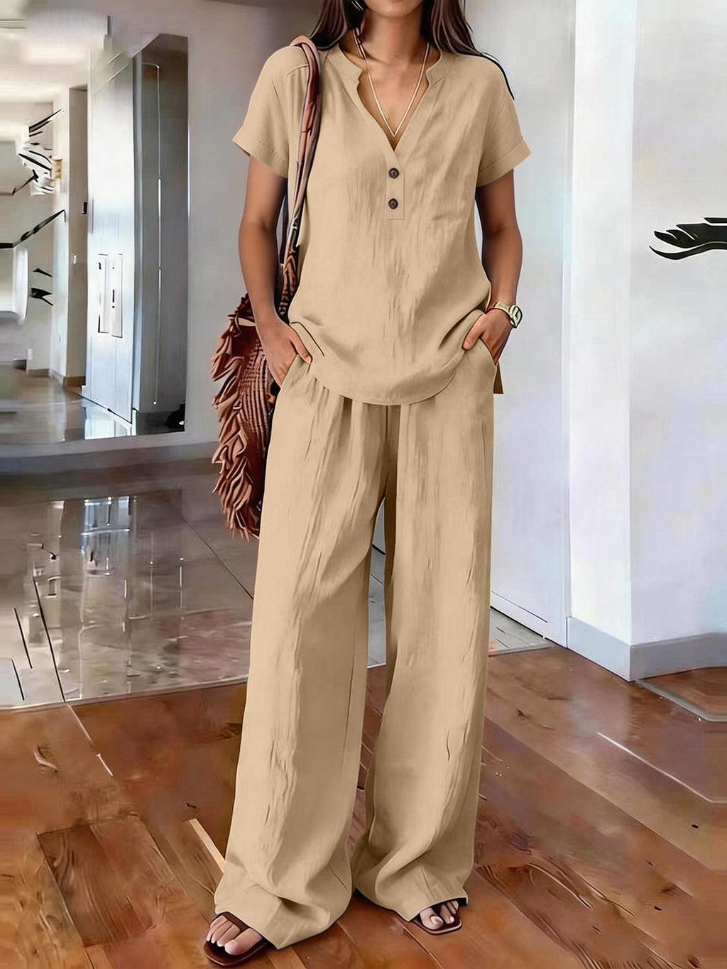 Women’s casual solid color two-piece set by Plush Fashion Hub, featuring a relaxed top and matching pants, perfect for everyday wear.