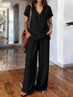 Women’s casual solid color two-piece set by Plush Fashion Hub, featuring comfortable matching top and pants for everyday wear.