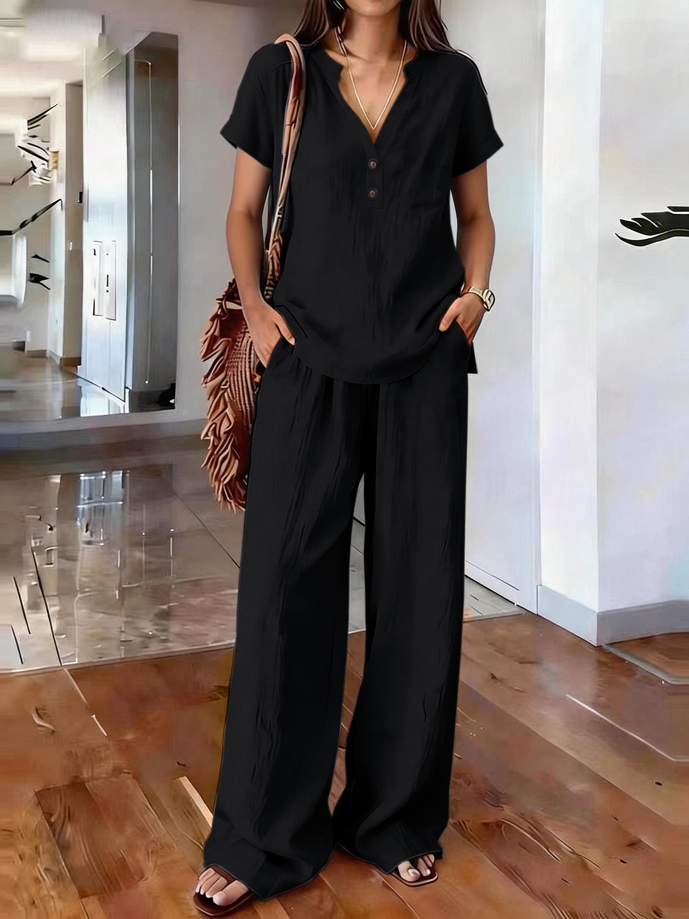 Women’s casual solid color two-piece set by Plush Fashion Hub, featuring comfortable matching top and pants for everyday wear.