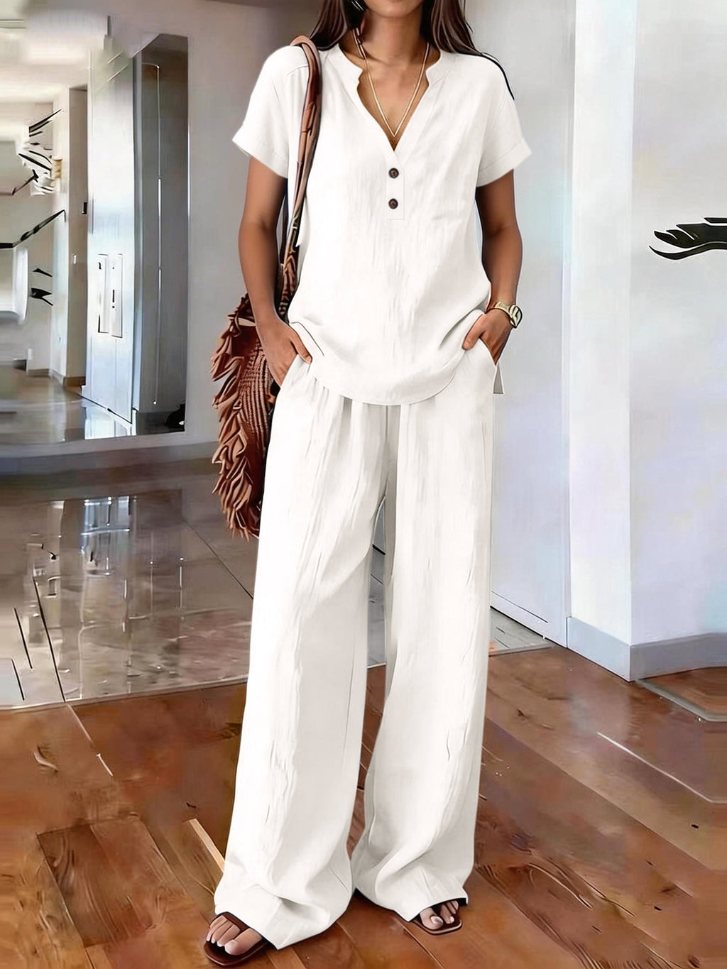 Women’s casual solid color two-piece set by Plush Fashion Hub featuring a relaxed fit top and matching pants, perfect for everyday wear.