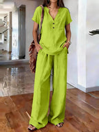 Women’s casual solid color two-piece set by Plush Fashion Hub, featuring comfortable matching top and pants for everyday wear.