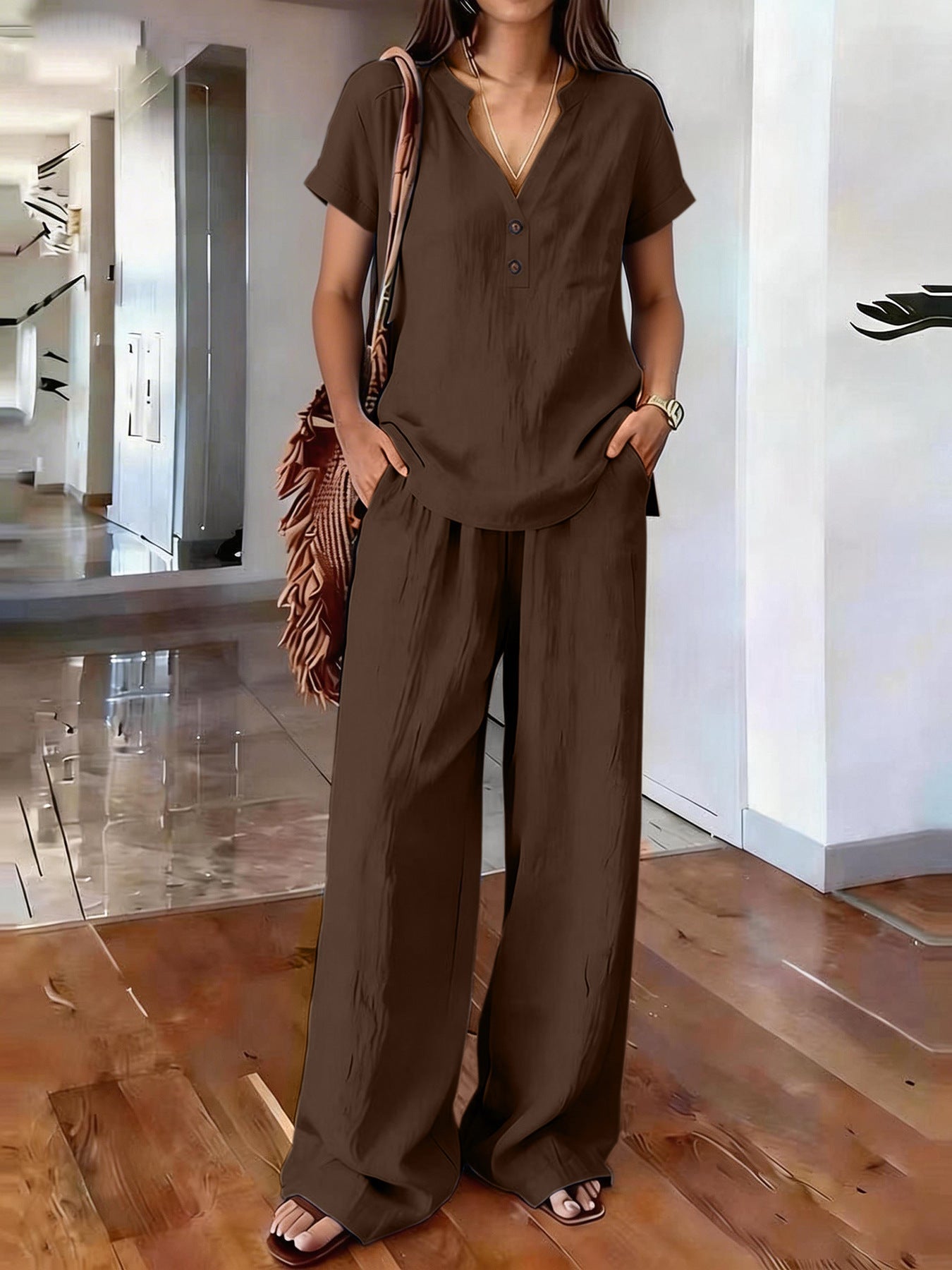 Women’s casual solid color two-piece set by Plush Fashion Hub featuring a relaxed fit and comfortable fabric for everyday wear.