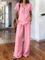 Women’s casual solid color two-piece set by Plush Fashion Hub, featuring comfortable top and pants for everyday wear.