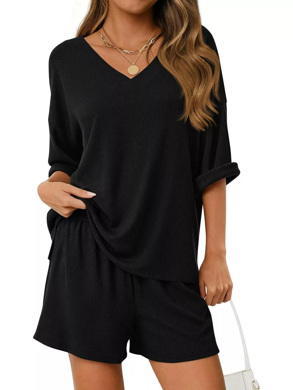 Women's casual V-neck top and shorts set in solid color, trendy two-piece outfit, perfect for everyday wear.