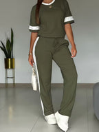 Women's color-block contrast 2-piece casualwear set with top and pants from Plush Fashion Hub, featuring vibrant color blocking.