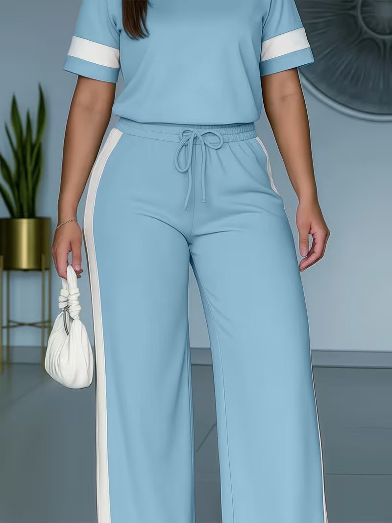 Women's color-block contrast 2-piece casualwear set with top and pants by Plush Fashion Hub, featuring vibrant color blocking.
