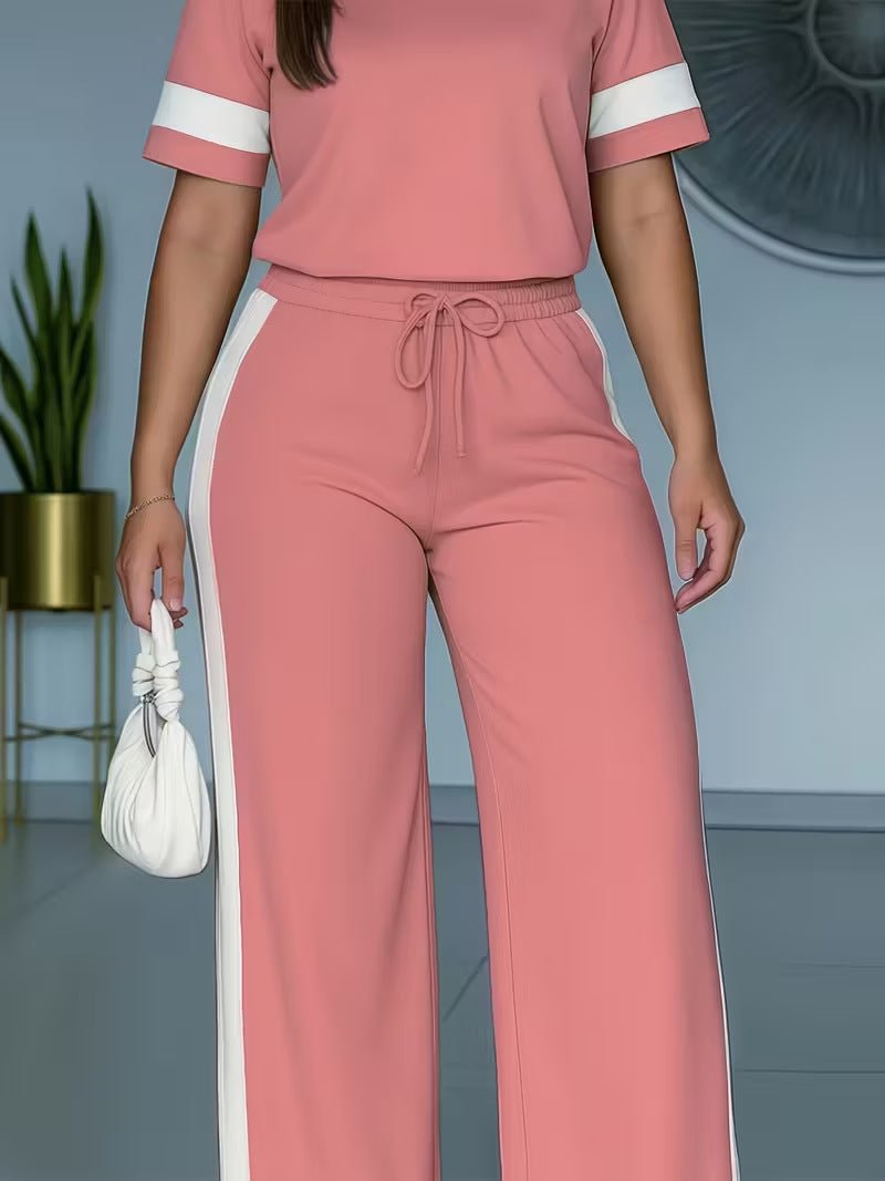 Women’s color-block contrast 2-piece casualwear set with a top and pants from Plush Fashion Hub, featuring vibrant color blocking details.