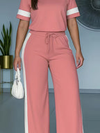 Women’s color-block contrast 2-piece casualwear set with a top and pants from Plush Fashion Hub, featuring vibrant color blocking details.