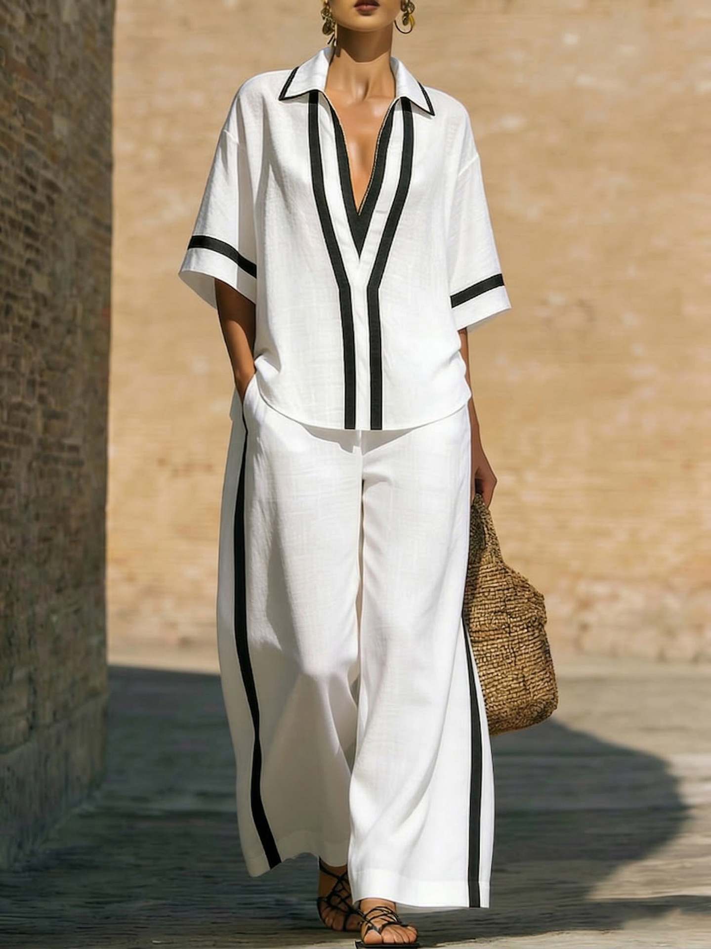 Women’s color block shirt and wide-leg pants set by Plush Fashion Hub, casualwear with vibrant color blocking and relaxed fit.