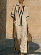 Women’s color block shirt and wide-leg pants casualwear set from Plush Fashion Hub, featuring vibrant color blocks and comfortable fit.