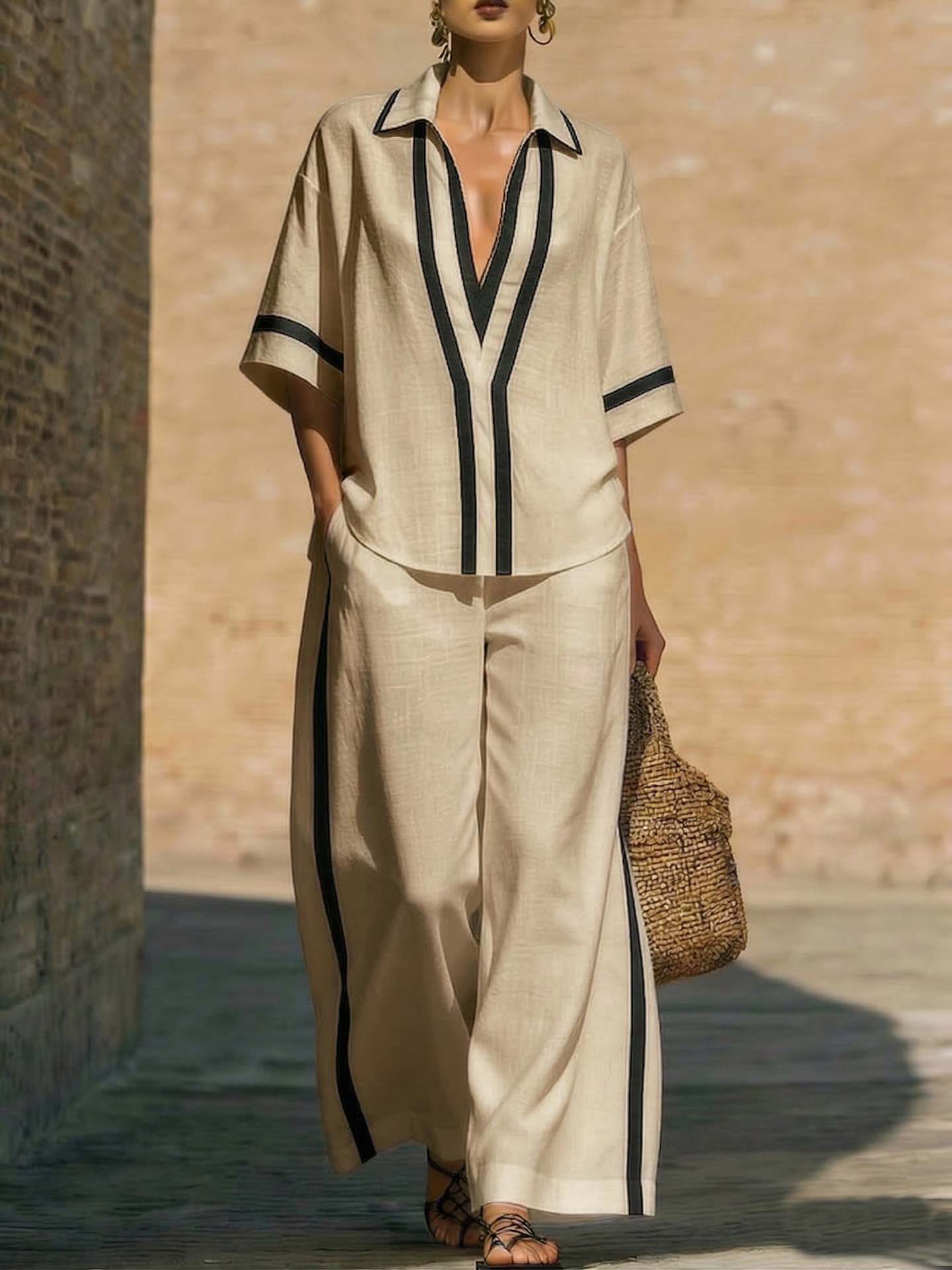 Women’s color block shirt and wide-leg pants casualwear set from Plush Fashion Hub, featuring vibrant color blocks and comfortable fit.