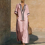 Women’s color block shirt and wide-leg pants set by Plush Fashion Hub, casualwear with vibrant color blocking and relaxed fit.