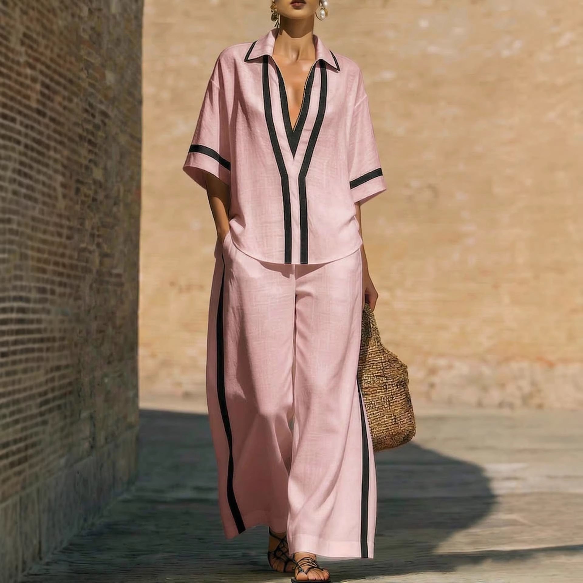 Women’s color block shirt and wide-leg pants set by Plush Fashion Hub, casualwear with vibrant color blocking and relaxed fit.