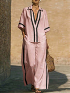 Women’s color block shirt and wide-leg pants set from Plush Fashion Hub, casualwear with vibrant color blocking and comfortable fit.