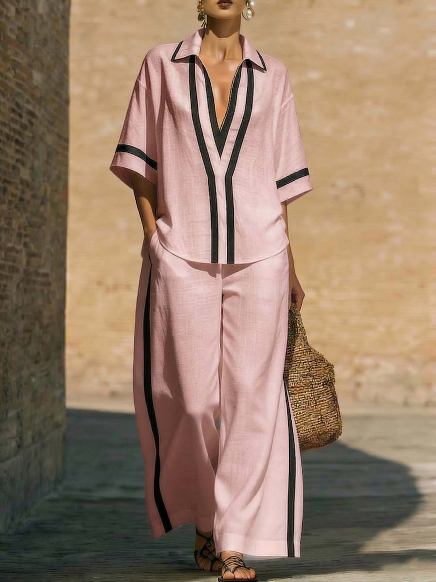 Women’s color block shirt and wide-leg pants set from Plush Fashion Hub, casualwear with vibrant color blocking and comfortable fit.