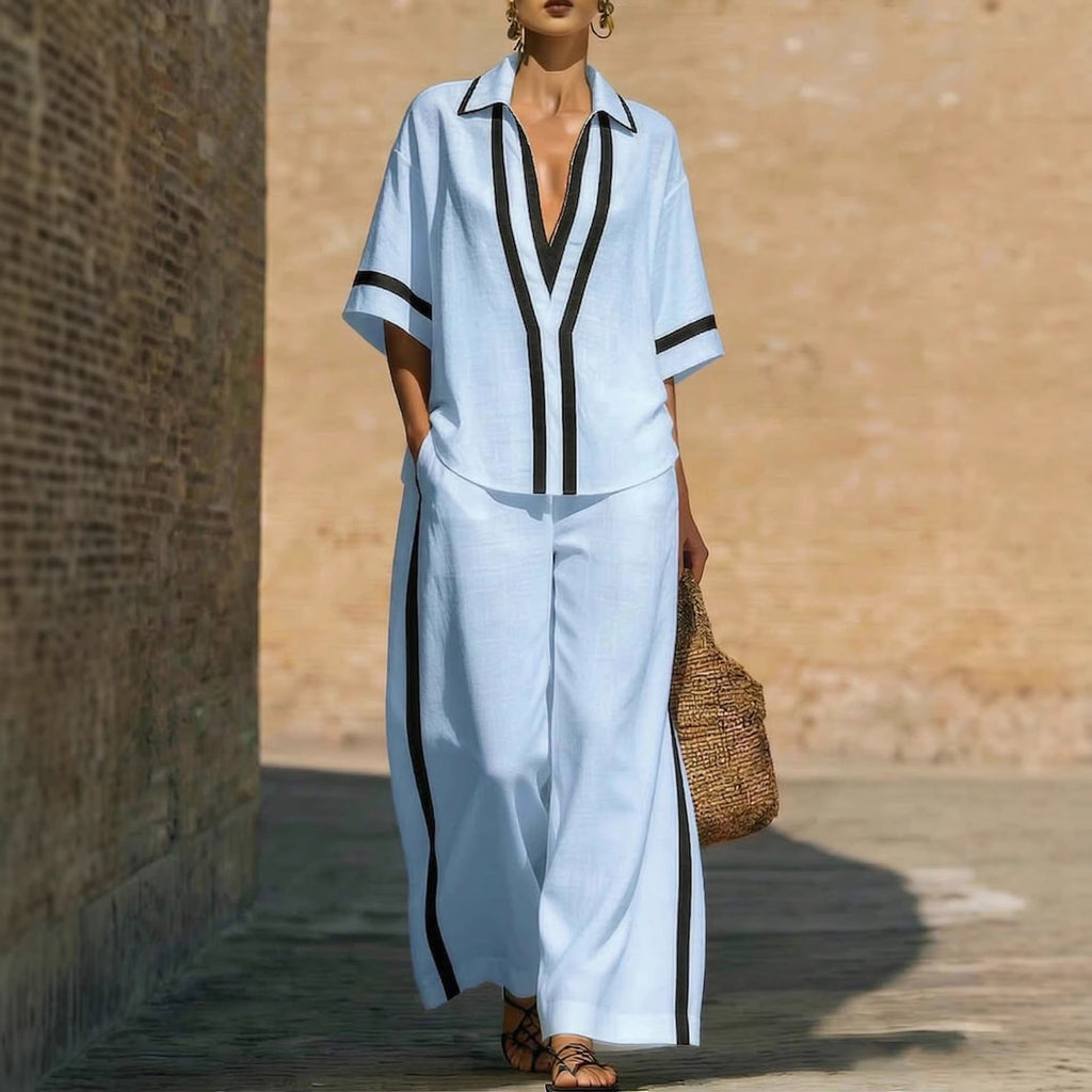 Women’s color block shirt and wide-leg pants set in casualwear style by Plush Fashion Hub, featuring vibrant blocks and comfortable fit.