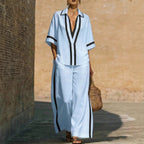 Women’s color block shirt and wide-leg pants set in casualwear style by Plush Fashion Hub, featuring vibrant blocks and comfortable fit.