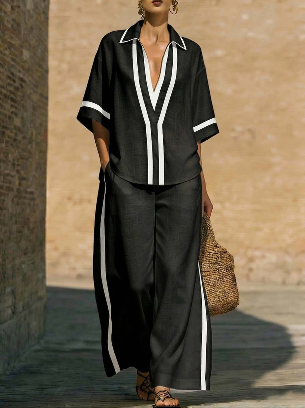 Women’s color block shirt and wide-leg pants casualwear set by Plush Fashion Hub, featuring vibrant color blocking and comfortable fit.