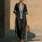 Women’s color block shirt and wide-leg pants set by Plush Fashion Hub, casualwear outfit with vibrant color blocking and relaxed fit.