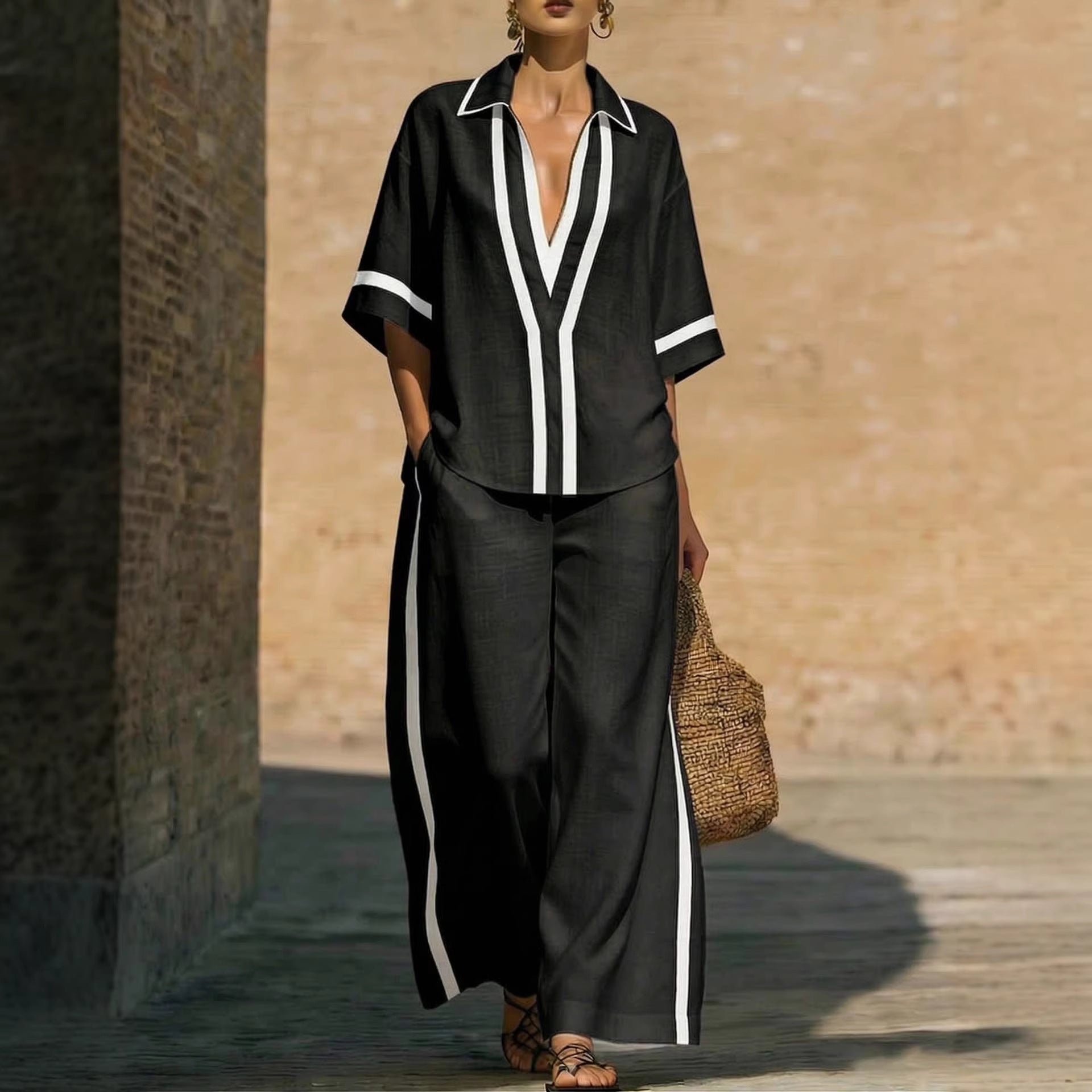 Women’s color block shirt and wide-leg pants set by Plush Fashion Hub, casualwear outfit with vibrant color blocking and relaxed fit.