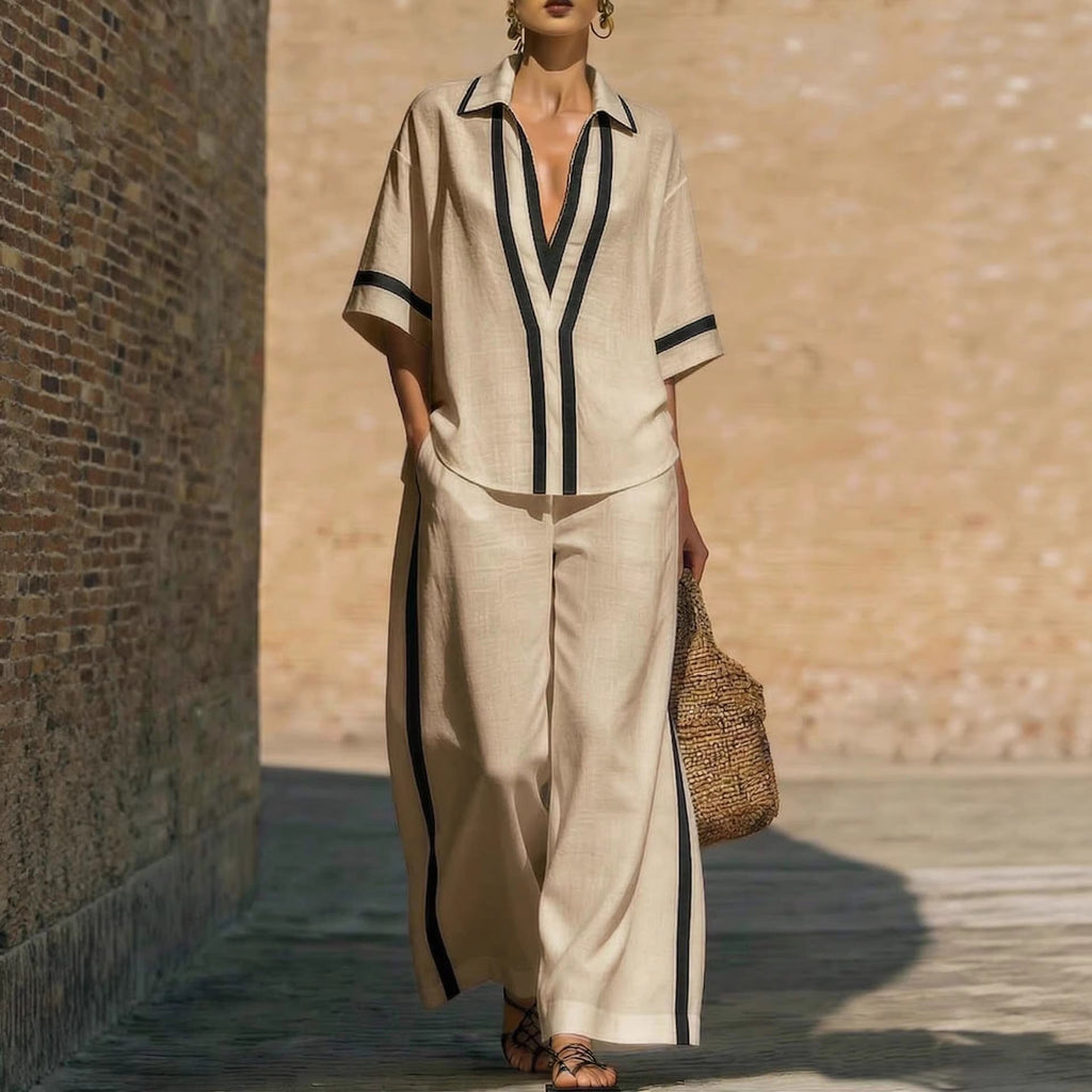 Women’s color block shirt and wide-leg pants set by Plush Fashion Hub, casualwear with vibrant color blocking and relaxed fit.