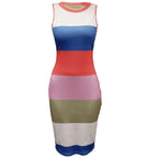 Women’s color-blocked striped sleeveless bodycon dress by Plush Fashion Hub, casualwear with vibrant color segments and fitted silhouette.