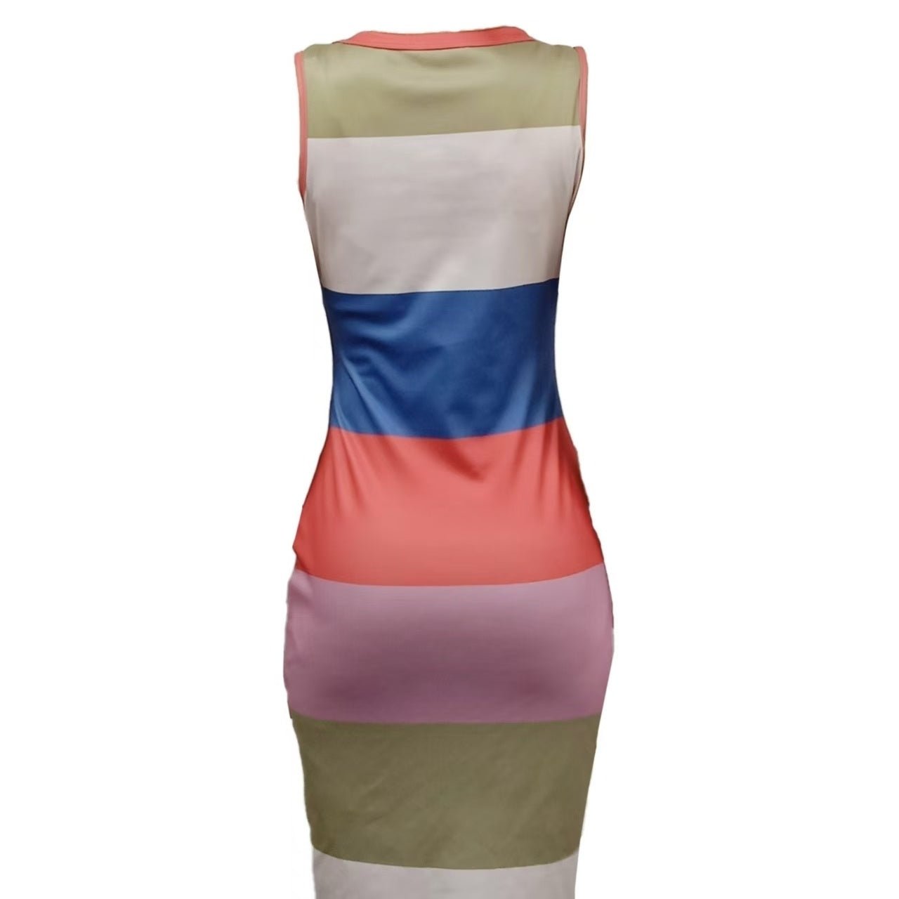 Women’s color-blocked striped sleeveless bodycon dress from Plush Fashion Hub, casualwear style with vibrant color blocking and fitted silhouette.