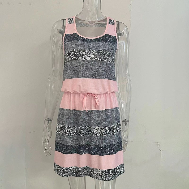 Women’s color-block striped tie-waist mini dress from Plush Fashion Hub, casualwear with vibrant stripes and a flattering fit.