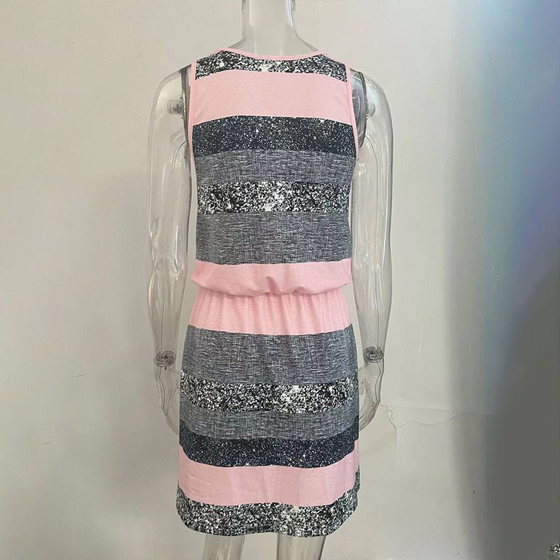 Women’s color-block striped tie-waist mini dress by Plush Fashion Hub, casualwear with vibrant horizontal stripes and a flattering tie waist.
