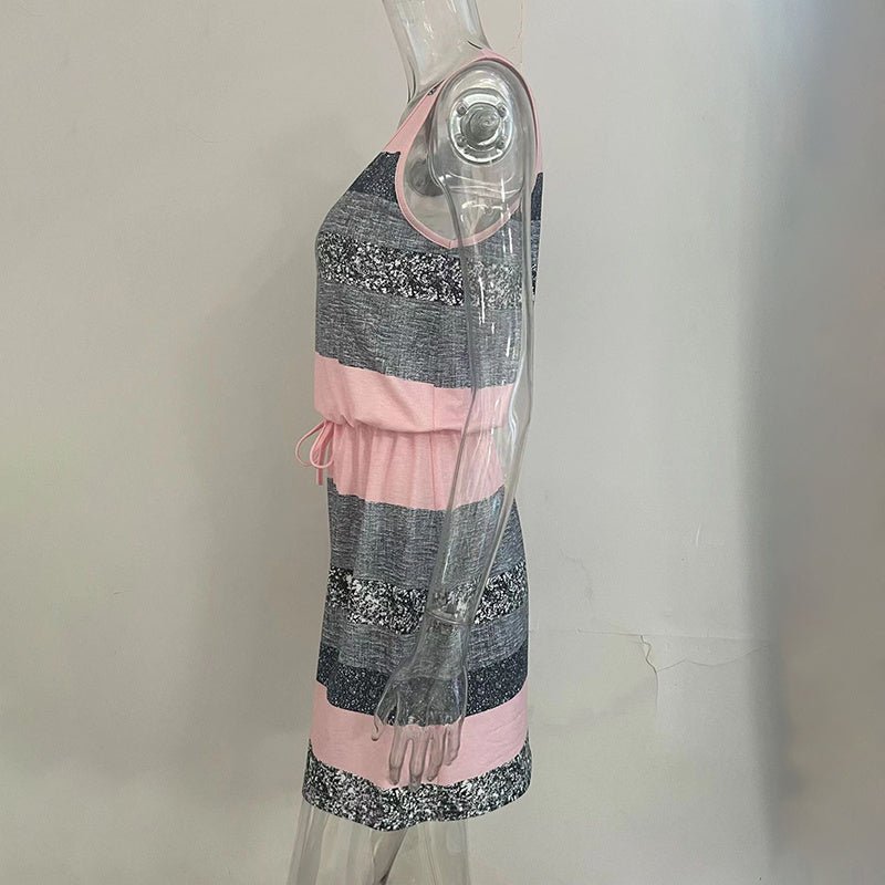 Women’s color-block striped tie-waist mini dress by Plush Fashion Hub, featuring a casual style with vibrant stripes and a flattering fit.