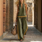 Women’s contrast color sleeveless vest and wide-leg pants set in casualwear style, featuring stylish, comfortable fabric from Plush Fashion Hub.