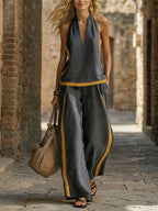 Women’s contrast color sleeveless vest and wide-leg pants set from Plush Fashion Hub, casualwear outfit with stylish, relaxed fit.