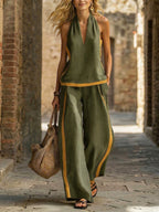 Women’s contrast color sleeveless vest and wide-leg pants set, casualwear by Plush Fashion Hub, styled for a relaxed look.