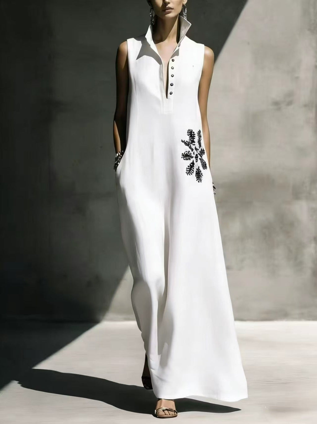Women's cotton linen maxi dress with mandarin collar, graphic print, and pockets, perfect for casualwear from Plush Fashion Hub.