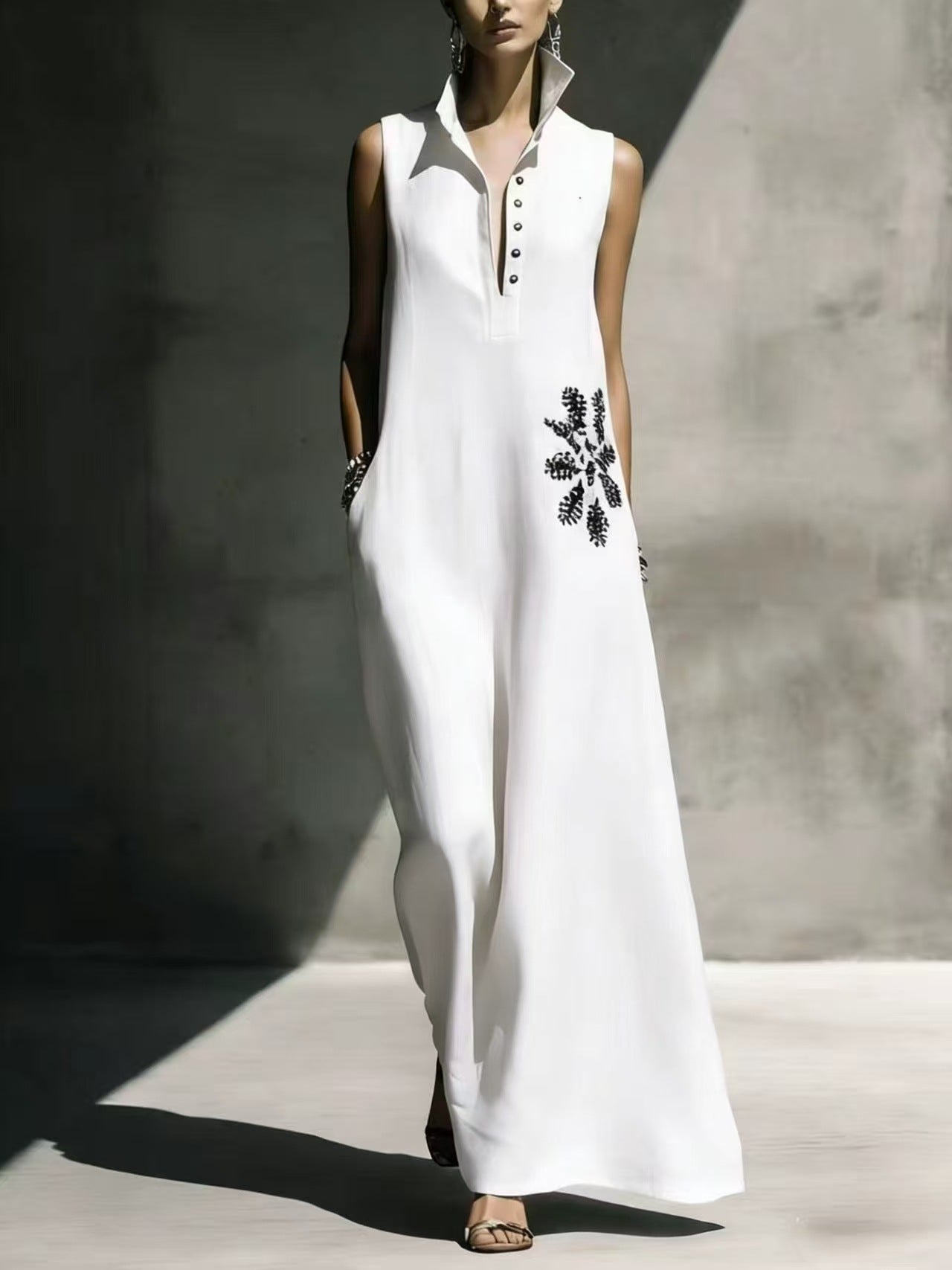 Women's cotton linen maxi dress with mandarin collar, graphic print, and pockets, perfect for casualwear from Plush Fashion Hub.