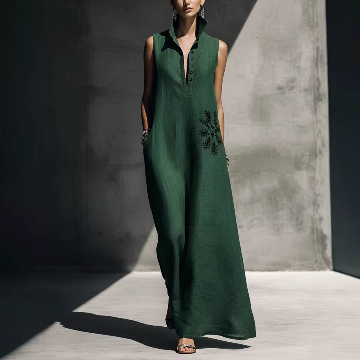 Women’s cotton linen maxi dress with mandarin collar, graphic print, and pockets, from Plush Fashion Hub casualwear collection.