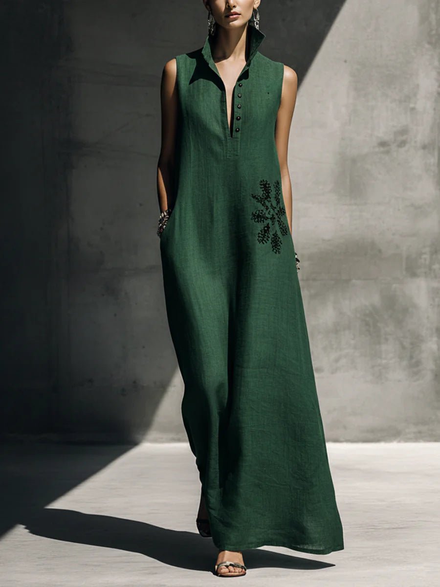 Women's cotton linen maxi dress with mandarin collar, graphic print, and pockets, perfect for casualwear from Plush Fashion Hub.