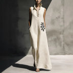 Women's cotton linen maxi dress with mandarin collar, graphic print, and pockets, perfect for casual wear from Plush Fashion Hub.