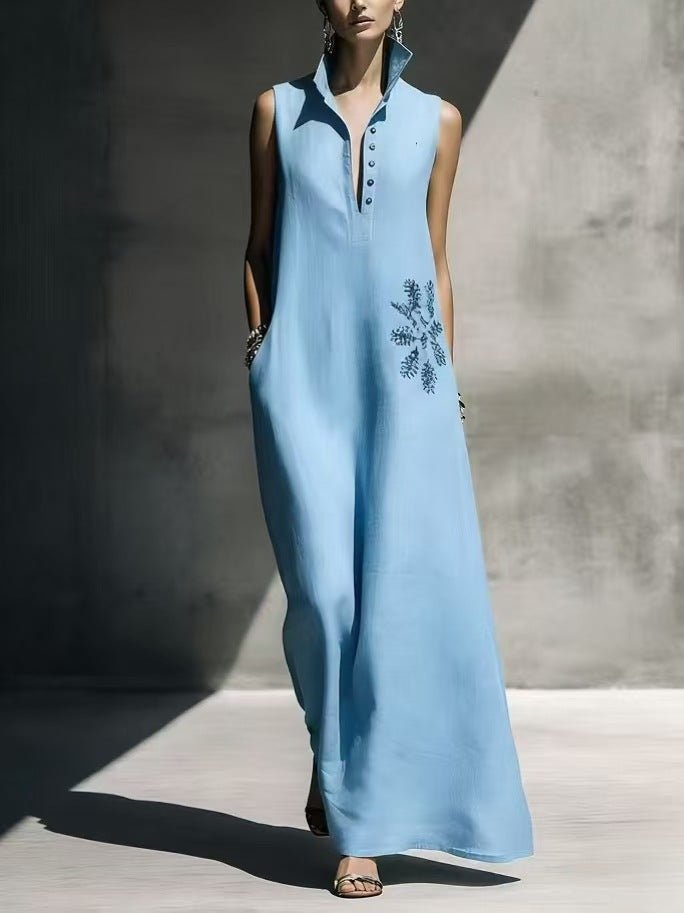 Women's cotton linen maxi dress with mandarin collar, graphic print, and pockets, perfect casualwear from Plush Fashion Hub.