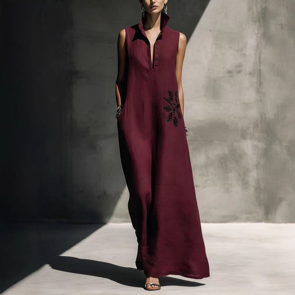 Women's cotton linen maxi dress with mandarin collar, graphic print, and pockets, casualwear by Plush Fashion Hub.