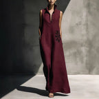 Women's cotton linen maxi dress with mandarin collar, graphic print, and pockets, casualwear by Plush Fashion Hub.