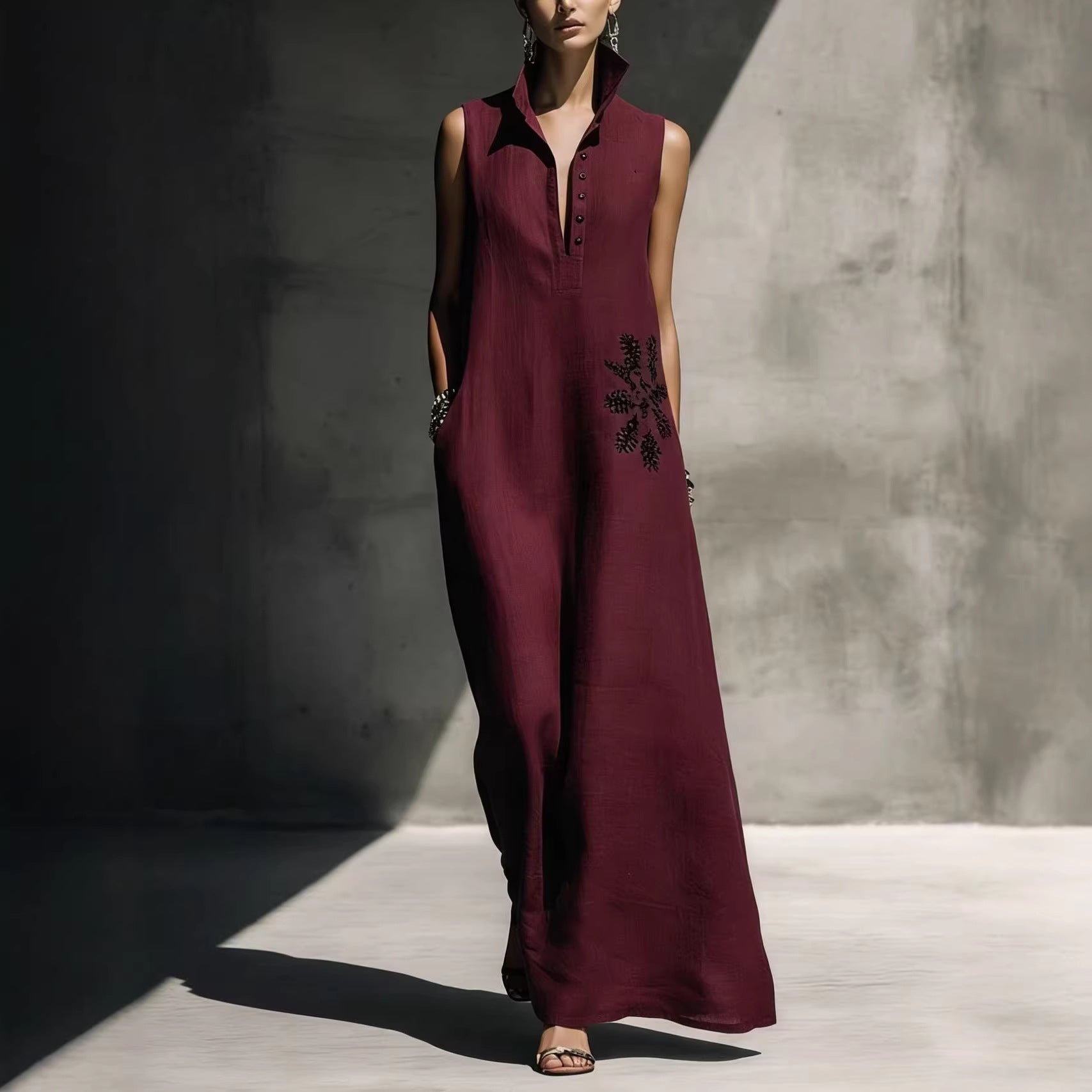 Women's cotton linen maxi dress with mandarin collar, graphic print, and pockets, casualwear by Plush Fashion Hub.