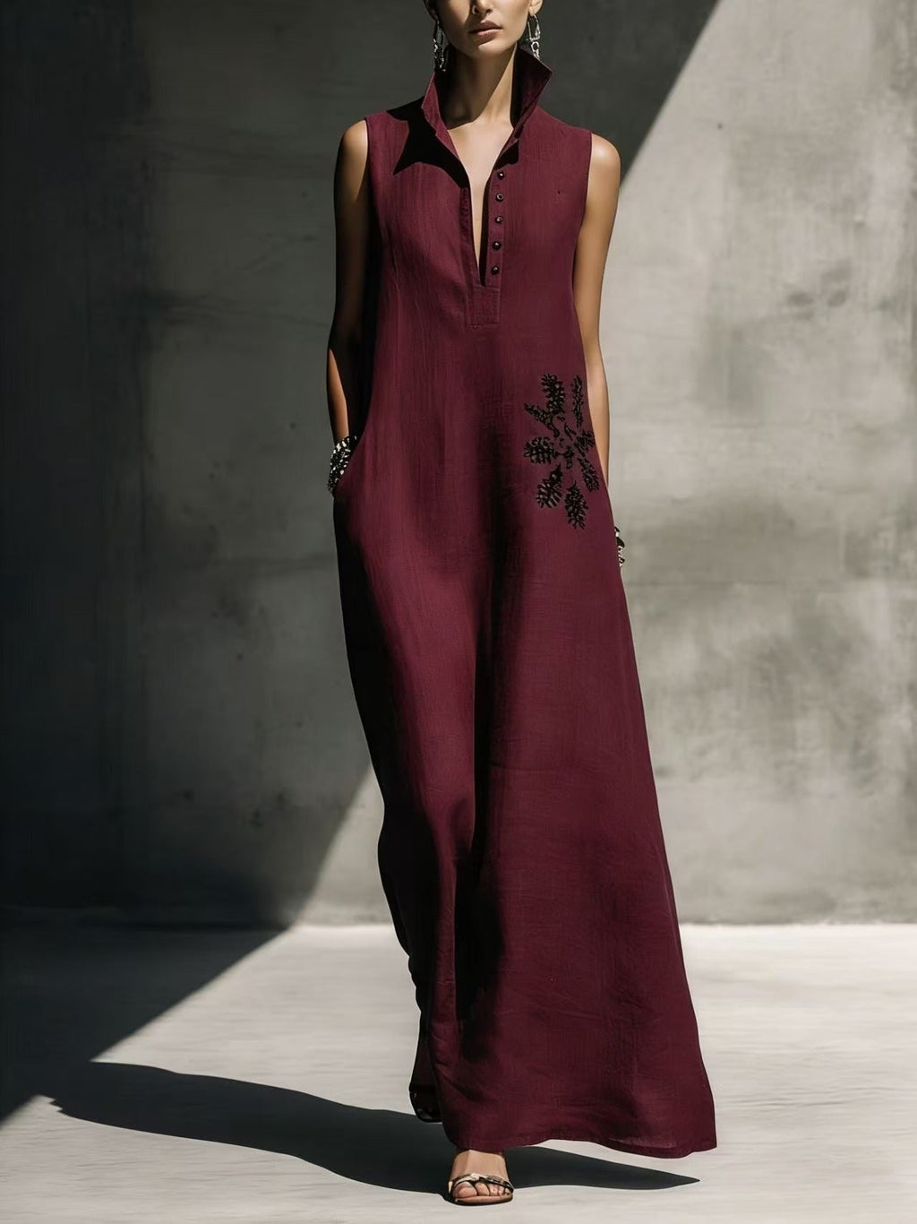 Women's cotton linen maxi dress with mandarin collar, graphic print, and pockets, ideal casualwear from Plush Fashion Hub.