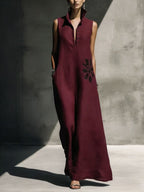 Women's cotton linen maxi dress with mandarin collar, graphic print, and pockets, ideal casualwear from Plush Fashion Hub.