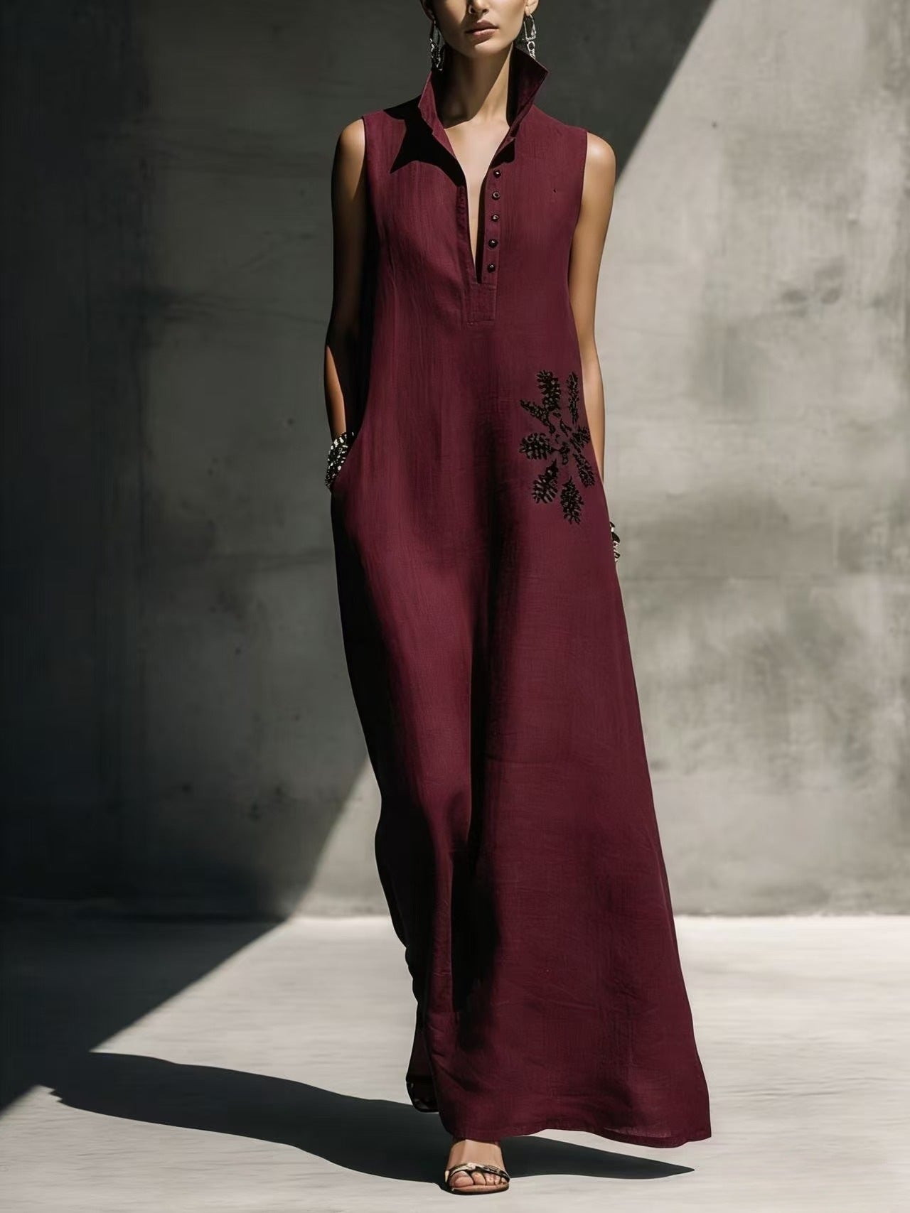 Women's cotton linen maxi dress with mandarin collar, graphic print, and pockets, ideal casualwear from Plush Fashion Hub.