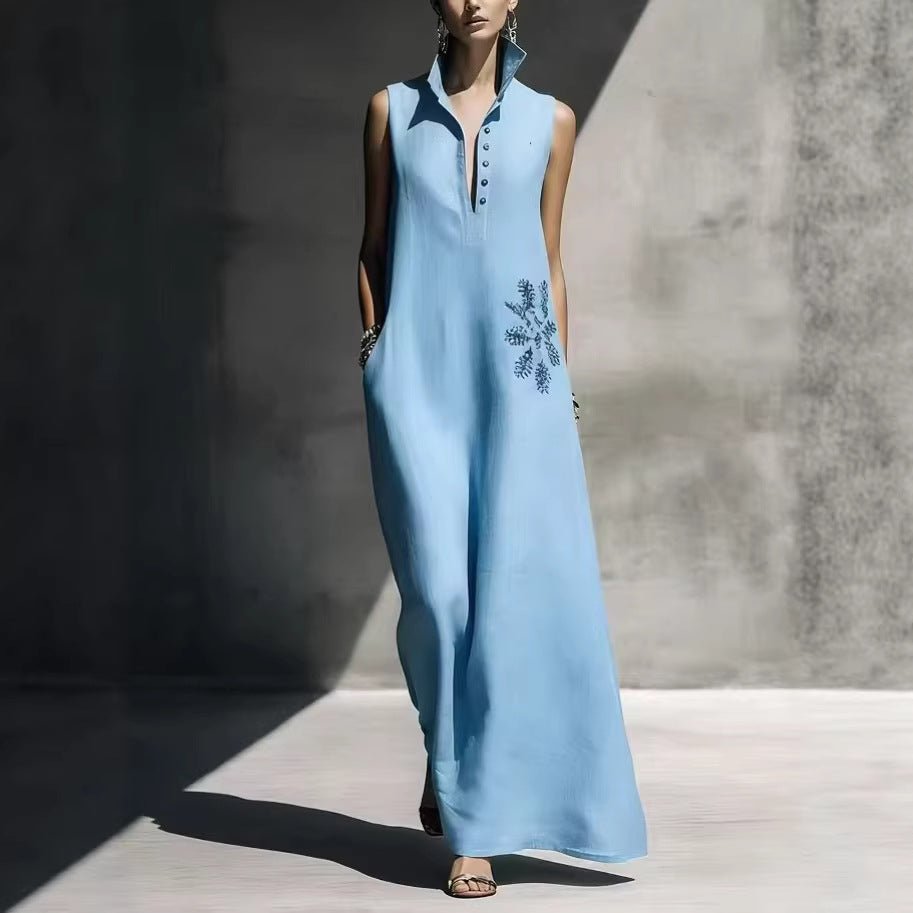 Women's cotton linen maxi dress with mandarin collar, graphic print, and pockets, ideal for casualwear from Plush Fashion Hub.